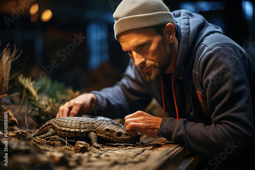 A herpetologist studying a venomous snake  highlighting the importance of reptile conservation. Concept of herpetology. Generative Ai.