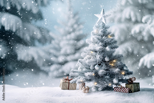 Christmas tree with gifts under the snow. Christmas background. New Year card. © vachom