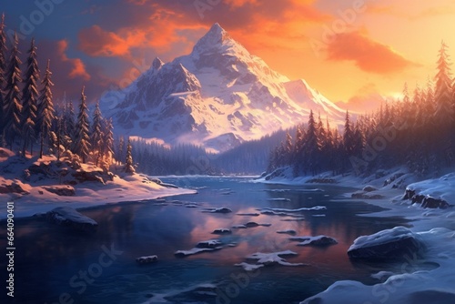 Mountain lake covered in snow during sunset. Generative AI