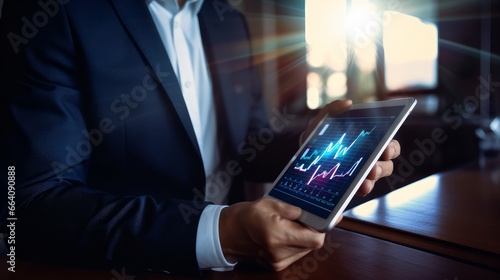 Businessman using tablet analyzing sales data and economic growth graph chart. Business strategy. Abstract icon. Digital marketing