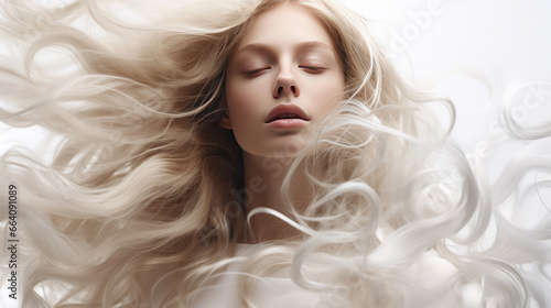 portrait of a beautiful young female model woman shaking her beautiful blonde hair in motion. Close up