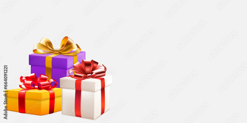 Festive illustration with three colored gift boxes with ribbons and bows on white background Festive illustration with three colored gift boxes with ribbons and bows on white background