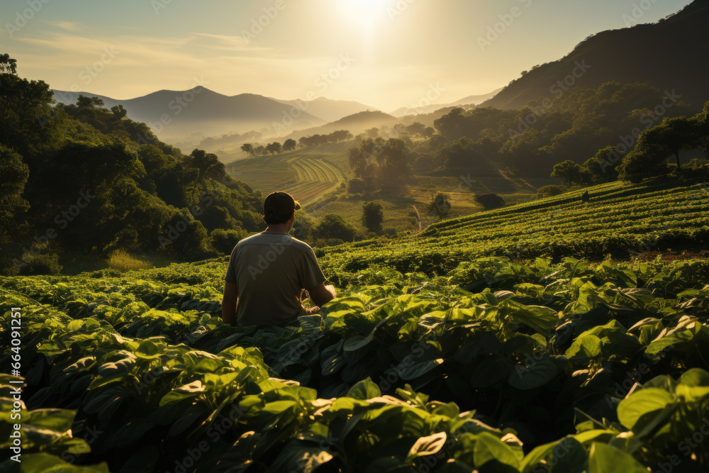 A farmer tending to rows of crops in a sun-drenched field. Concept of agriculture and sustenance. Generative Ai.