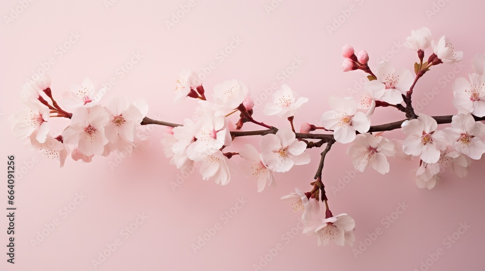  a branch of a cherry blossom on a pink background with space for text.  generative ai