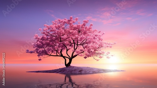  a pink tree in the middle of a lake at sunset. generative ai