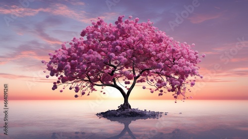  a tree with pink flowers in the middle of a body of water.  generative ai © Olga