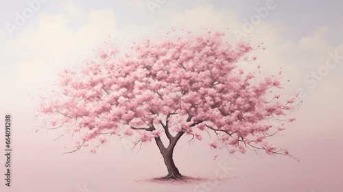  a painting of a tree with pink flowers in the foreground.  generative ai © Olga