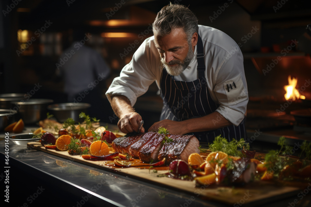 A master chef expertly plating a gourmet meal in a high-end restaurant. Concept of culinary artistry and fine dining. Generative Ai.