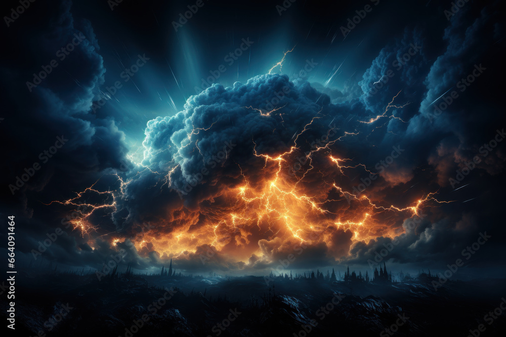 A dramatic thunderstorm with lightning illuminating a dark sky. Concept of nature's power and intensity. Generative Ai.