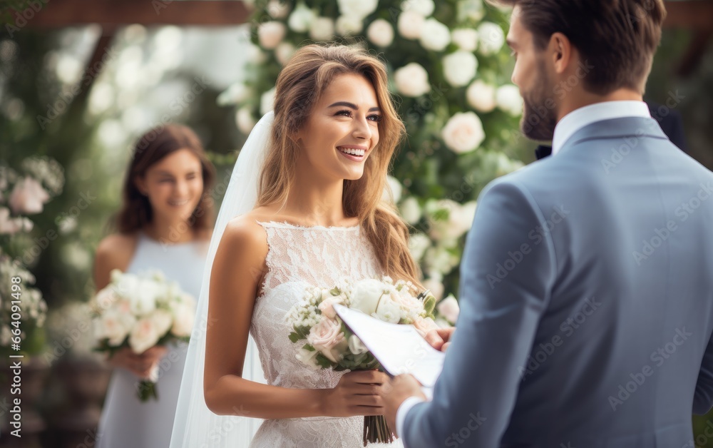 A young and beautiful couple getting married exchanging vows with a partner A young and beautiful couple getting married exchanging vows with a partner