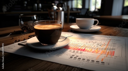 Cup of coffee over a table, table with charts, volumetric ligh photo