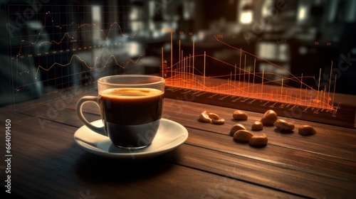 Cup of coffee over a table, table with charts, volumetric ligh photo