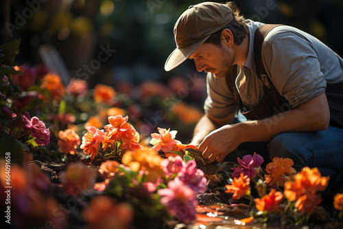 A master gardener carefully tending to a vibrant, blooming garden. Concept of nurturing and growth. Generative Ai. © Sebastian