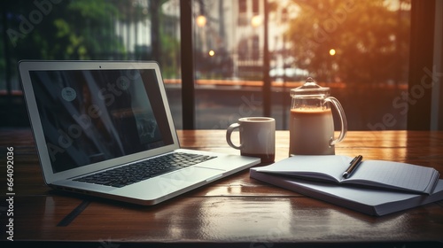 Laptop, cup and diary on table in office