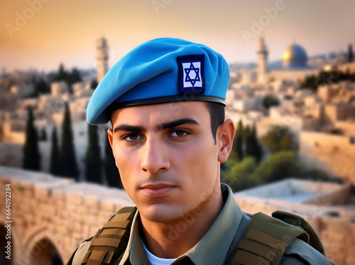 Defender of the homeland: israeli soldier in the city. Portrait of a young israeli soldier with city in the background photo