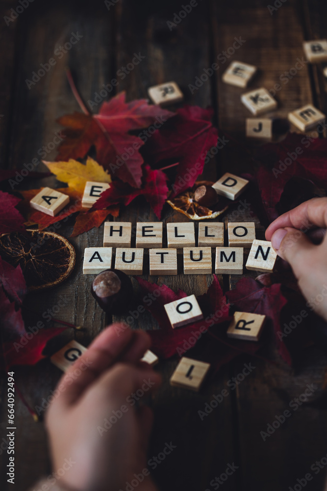 Obraz premium Woman's hands with Hello autumn text on dark wooden background. Composition with bright autumn leaves, pumpkin, dry citrus, walnut. Cozy fall mood concept. Flat lay, close up, top view, macro