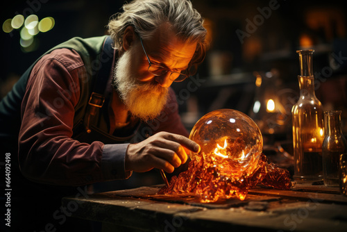 A gifted glassblower shaping molten glass into intricate sculptures with finesse. Concept of artistry and craftsmanship. Generative Ai.