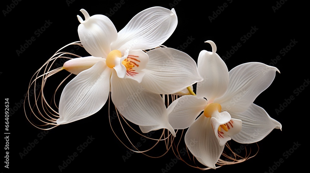 Fototapeta premium two white orchids with yellow centers on a black background. generative ai