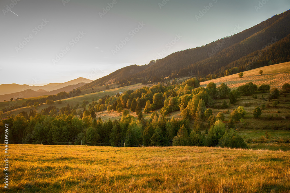 View of beautiful mountain slopes and meadow during autumn season.