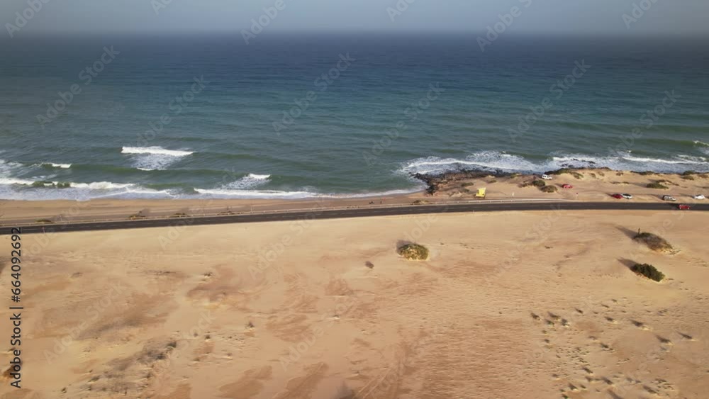 Spain Canary Islands Fuerteventura aerial view of road crossing Corralejo Dunes Spain Canary Islands Fuerteventura aerial view of road crossing Corralejo Dunes