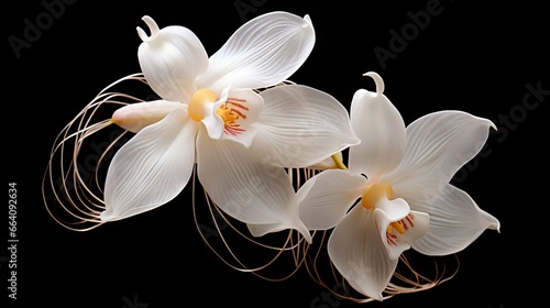  two white orchids with yellow centers on a black background.  generative ai