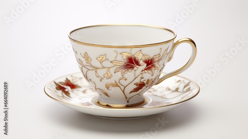  a white and gold cup and saucer on a white table. generative ai