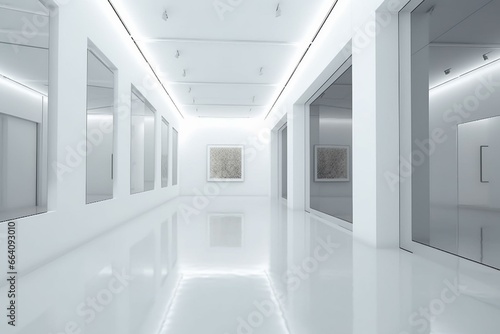 Clean, illuminated art gallery with empty white banner and floor reflections. Generative AI