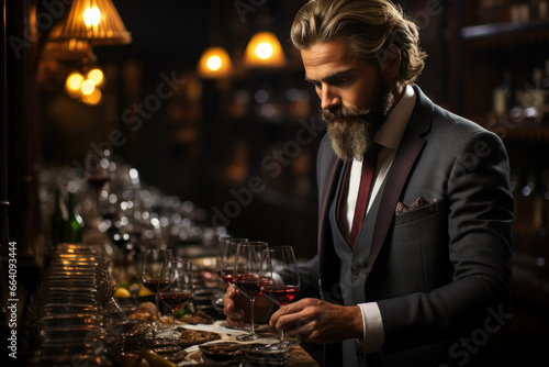 A judicious sommelier selecting the perfect wine to complement a gourmet meal. Concept of wine expertise and gastronomy. Generative Ai.