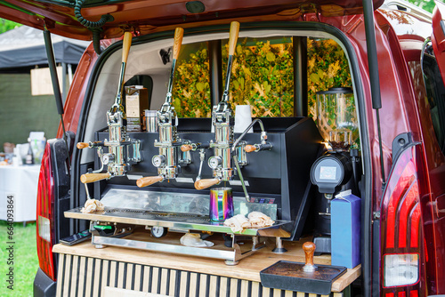 Professional Coffee Machine Installed in the Back of a Car: Coffee Service for Outdoor Events and Open Air