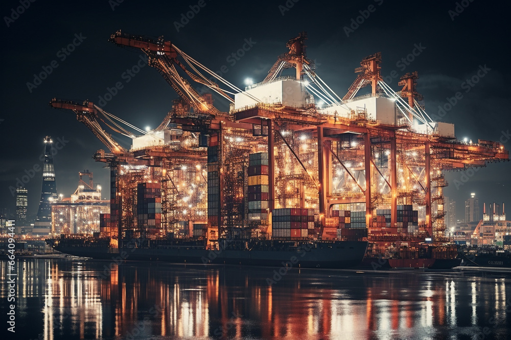 Night View of an Industrial Port with Cranes, Container Stacks, and the Dock with Ships in the Background