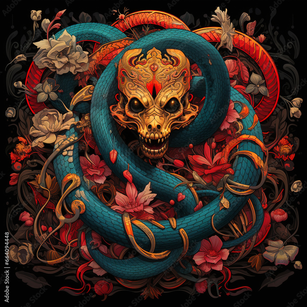 Illustration of a Blue Serpent with Ornate Skull-Shaped Head and Intertwined Red and Ocher Flowers