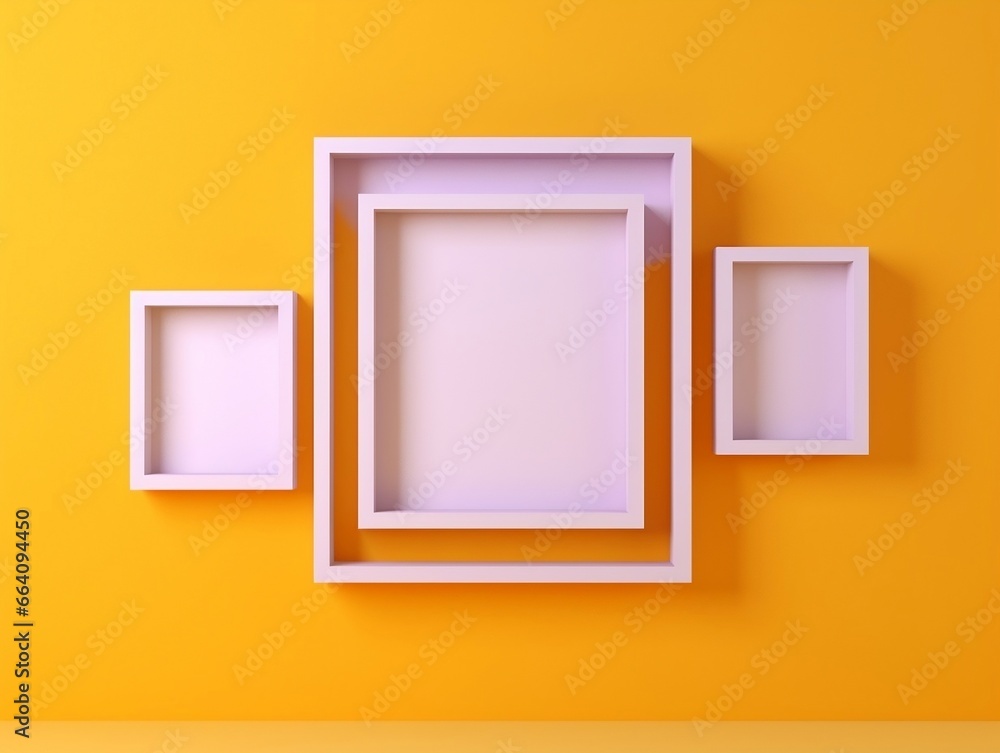 Set of blank white frames mockup displayed on a yellow wall generative ai Set of blank white frames mockup displayed on a yellow wall generative ai