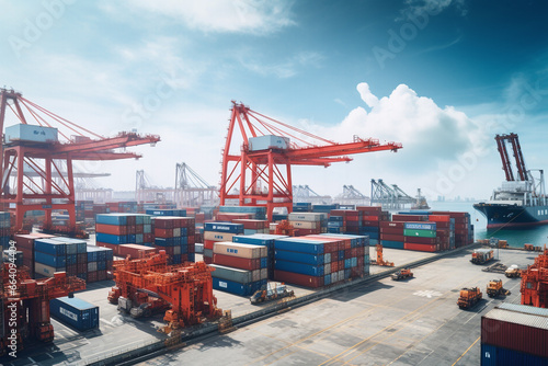 Image of an Industrial Port with Containers, Cargo Cranes, Container Yards, and Ships at the Dock in the Background