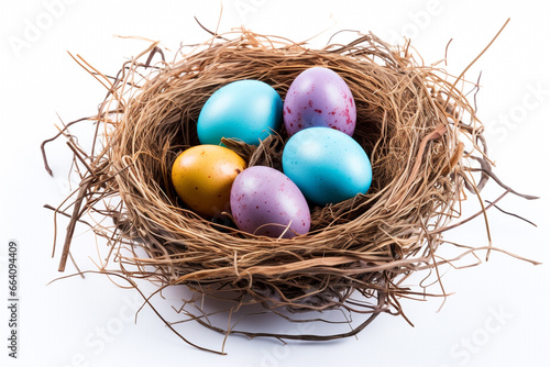 Festive Nest: Colorful Eggs on a White Isolated Background