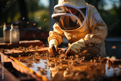 A diligent beekeeper tending to vibrant beehives, ensuring the health of the colony. Concept of apiculture and conservation. Generative Ai.