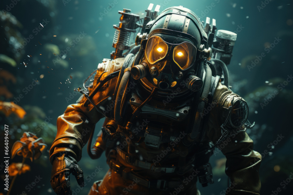 Fototapeta premium A resolute deep-sea diver exploring the mysterious depths of the ocean. Concept of underwater exploration and marine biology. Generative Ai.