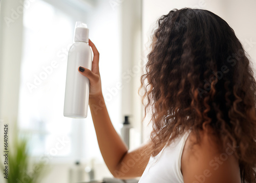 A girl with curly hair stands with her back to the camera and holds in her hands a remedy for the unpleasant odor of the scalp and hair