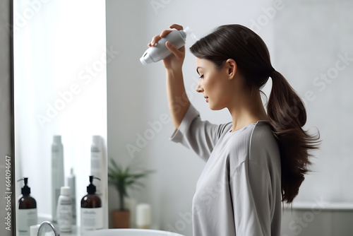 A young brunette woman with thick hair gathered in a ponytail uses a remedy for the unpleasant odor of her scalp and hair. photo