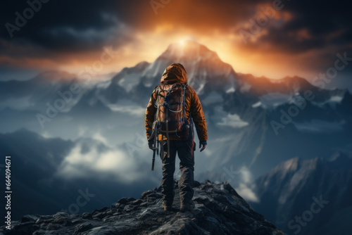 An experienced mountaineer conquering a challenging peak, standing triumphantly at the summit. Concept of mountain climbing and achievement. Generative Ai.