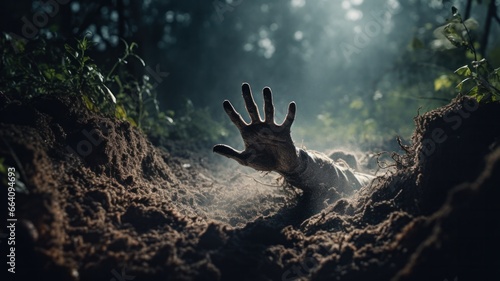 A pale, bony hand of dead alive emerges from a freshly dug grave, its gnarled fingers reaching for the night sky. Halloween concept, horror. photo