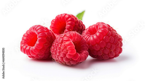 Red fruit as raspberries and raspberries leaves on white isolated background 