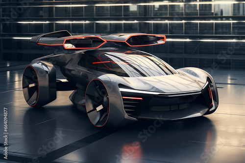 The design of the car of the future in a dark color, with a streamlined body and huge wheels.