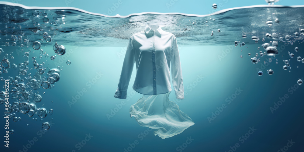 cleaning clothes washing machine or detergent liquid commercial advertisement style with floating shirt and dress underwater with bubbles and wet splashes laundry work as banner design with copy space - obrazy, fototapety, plakaty 