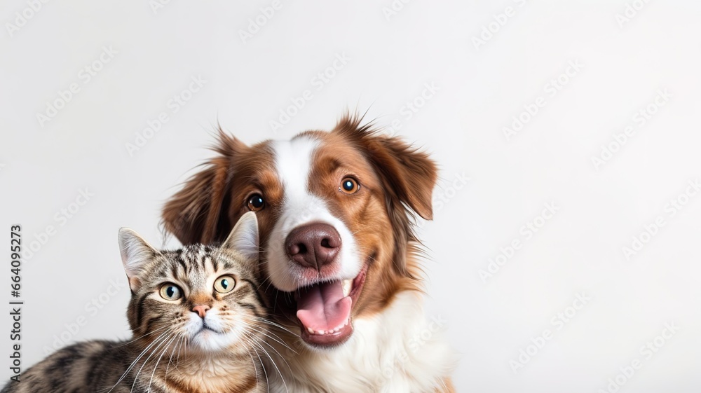 portrait of a cute shaggy dog and cat looking at the camera in front of a white background AI portrait of a cute shaggy dog and cat looking at the camera in front of a white background AI
