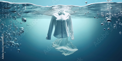 cleaning clothes washing machine or detergent liquid commercial advertisement style with floating shirt and dress underwater with bubbles and wet splashes laundry work as banner design with copy space photo