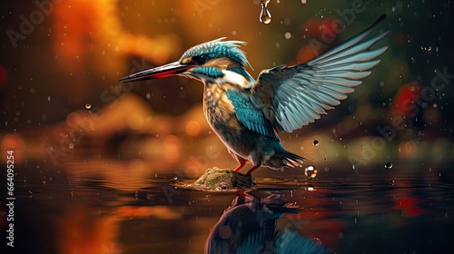  a colorful bird with its wings spread out standing on a rock in the water.  generative ai © Olga