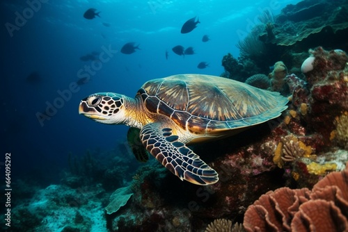 Turtle swimming amidst marine life. Generative AI © Althea