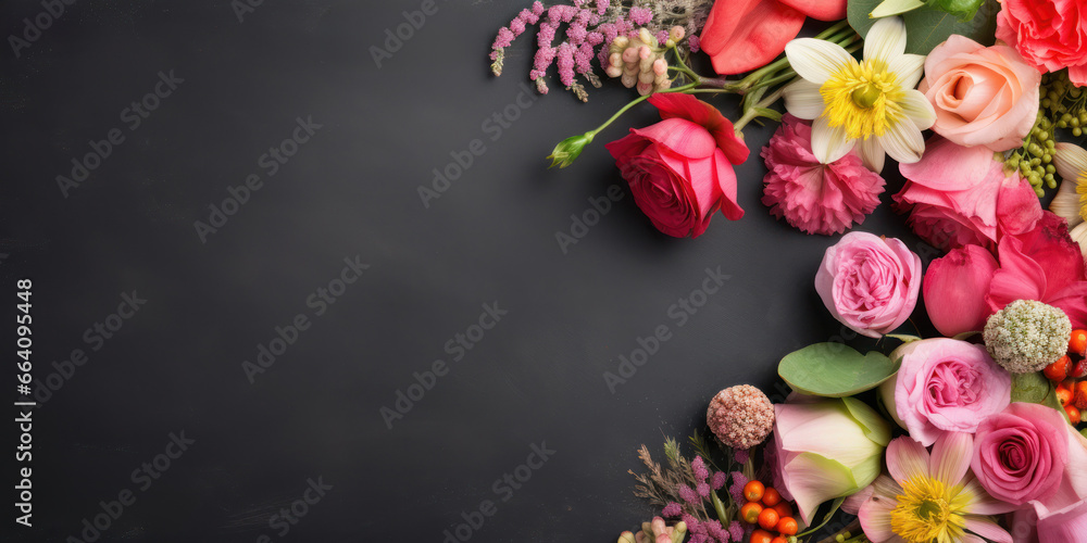 Top view frame of flowers on black background.Greeting card for of Valentines day or birthday. Copy space for text. Womens day, mother's day. Top view frame of flowers on black background.Greeting card for of Valentines day or birthday. Copy space for text. Womens day, mother's day.