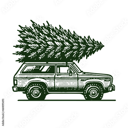 car with a Christmas tree on the roof sketch