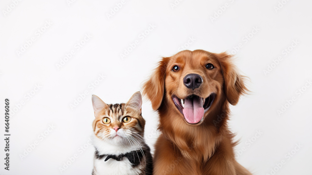 portrait of a cute shaggy dog and cat looking at the camera in front of a white background AI